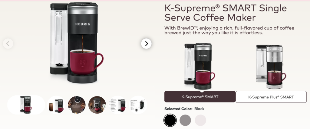 A screenshot of one of Keurig’s products. The screenshot shows images of the product and brief descriptions of its features. 